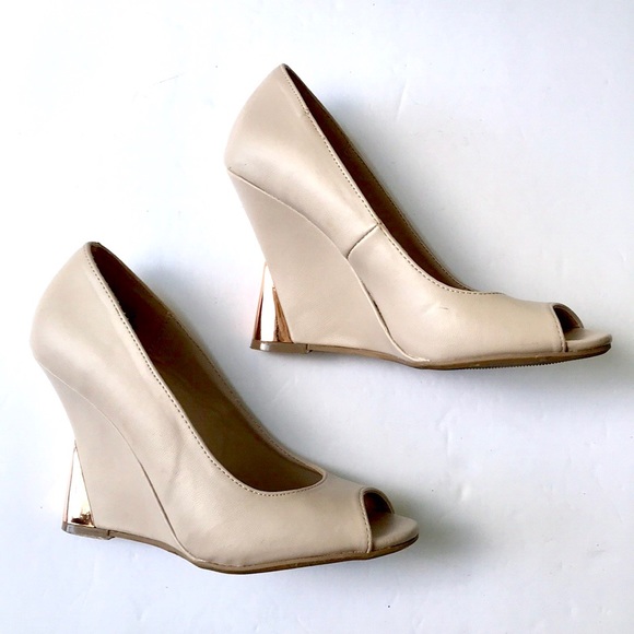 Vintage Bamboo Nude Rose Gold Peep Toe Wedge Heel - Picture 4 of 8